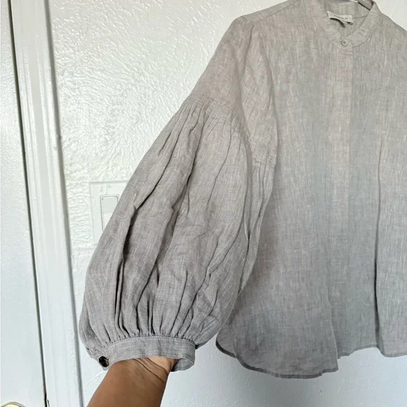 Lafayette 148 New York Taupe balloon-sleeve 100% Linen Top - Picture 3 of 10